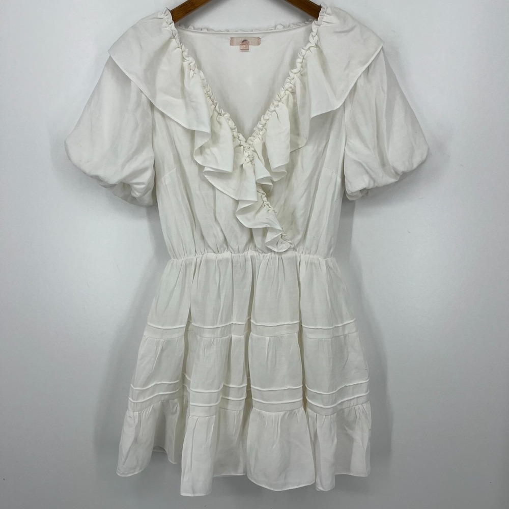 Lovecolette Mini Tiered Dress Women's‎ S White Short Length Ruffle Puff Sleeve